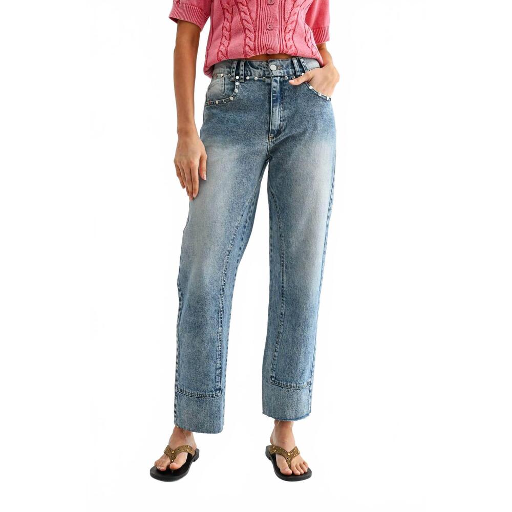 NEW CAMELLIA studded high-waist straight-leg jeans in med washed - Picture 1 of 6